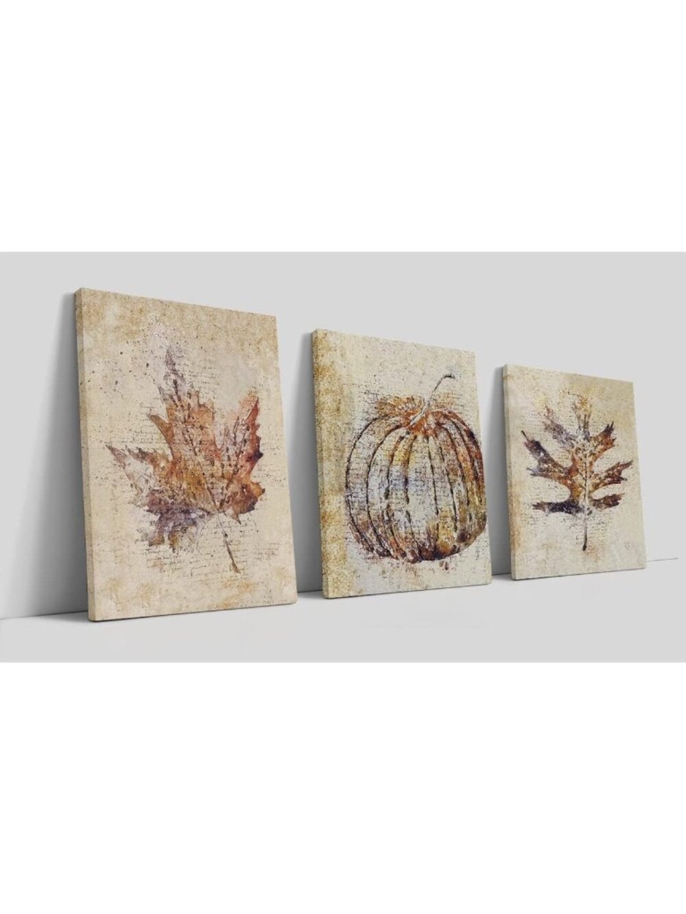Autumn Maple Leaf Pumpkin Canvas Wall Art Set of 3 - 15x23in Fall Decor